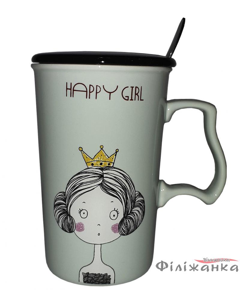 Кружка з кришкою і ложкою Great Coffee  Щаслива дівчинка 375 мл  (54387)
