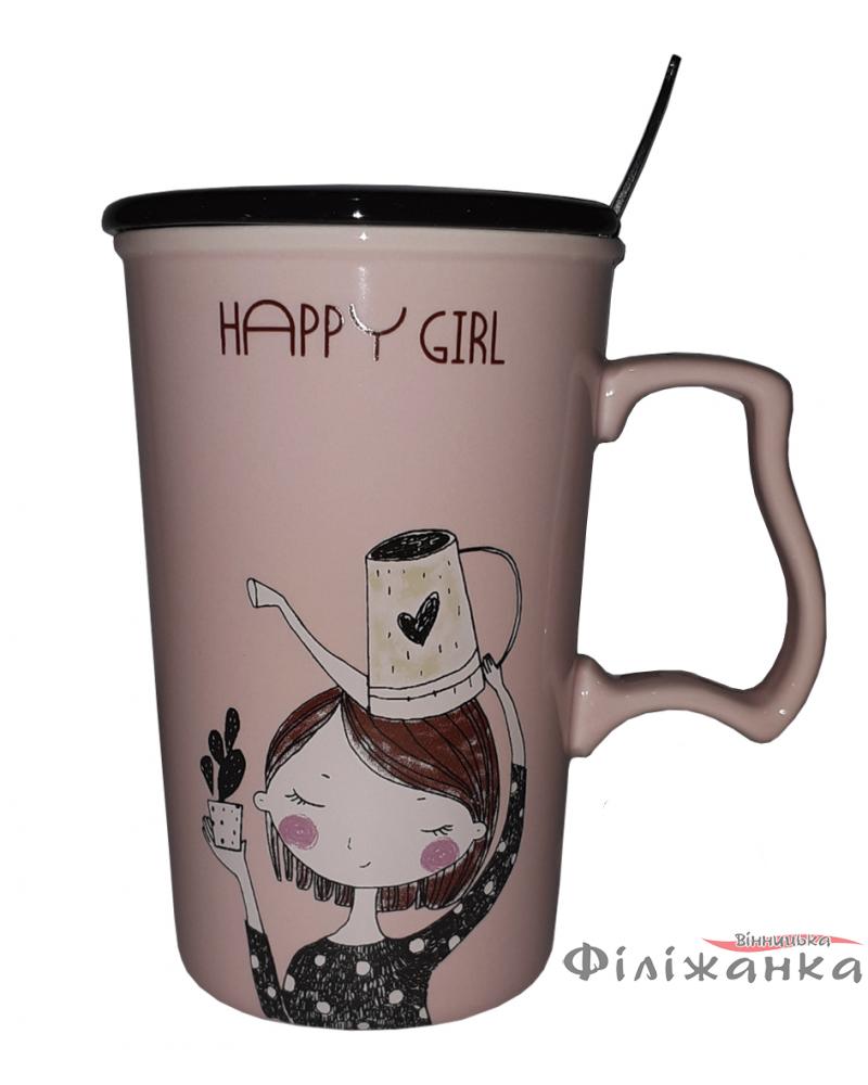 Кружка з кришкою і ложкою Great Coffee  Щаслива дівчинка 375 мл  (54388)