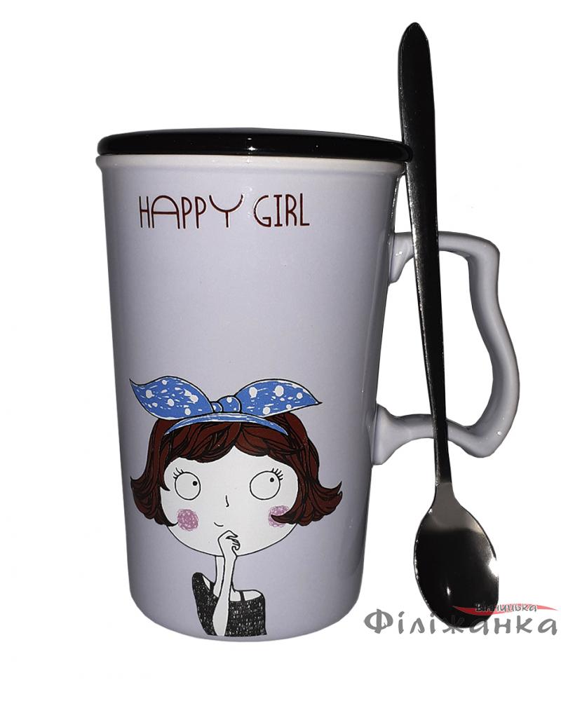 Кружка з кришкою і ложкою Great Coffee  Щаслива дівчинка 375 мл (54389)