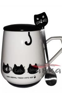 Кружка з кришкою і ложкою Great Coffee Чорна кішка 300 мл (54408)