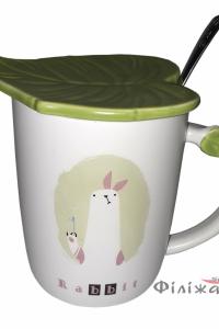 Кружка c крышкой и ложкой Great Coffee Зеленый листок 400 мл (54443)