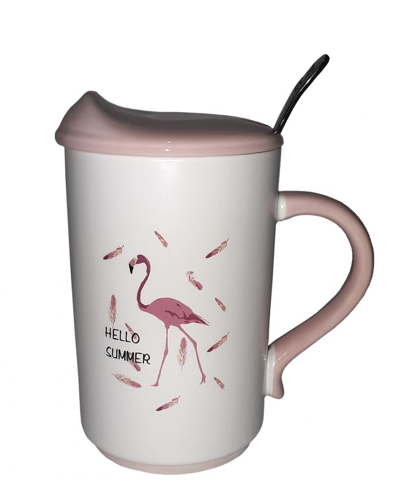 Кружка c крышкой и ложкой Great Coffee  Фламинго 375 мл  (52444)