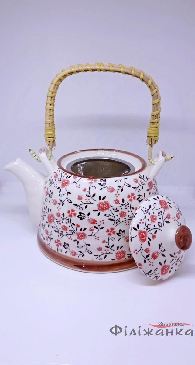 Чайник керамический с ситом "Красный цветок" 900 мл (1687)